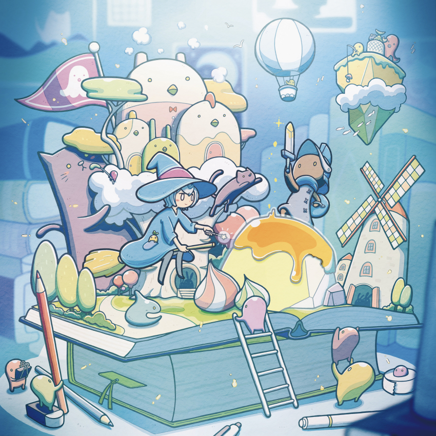 1girl 6+others absurdres aircraft binder_clip bird black_cat black_shoes blush book bookmark broom cat cat_teaser dress eraser fantasy fish fishing_rod food food_art grey_hair helmet highres holding holding_fishing_rod holding_sword holding_wand holding_weapon hot_air_balloon ladder multiple_others mushroom open_mouth original pen pencil shield shoes slime_(creature) sword tako-san_wiener tti_design wand weapon white_bird windmill