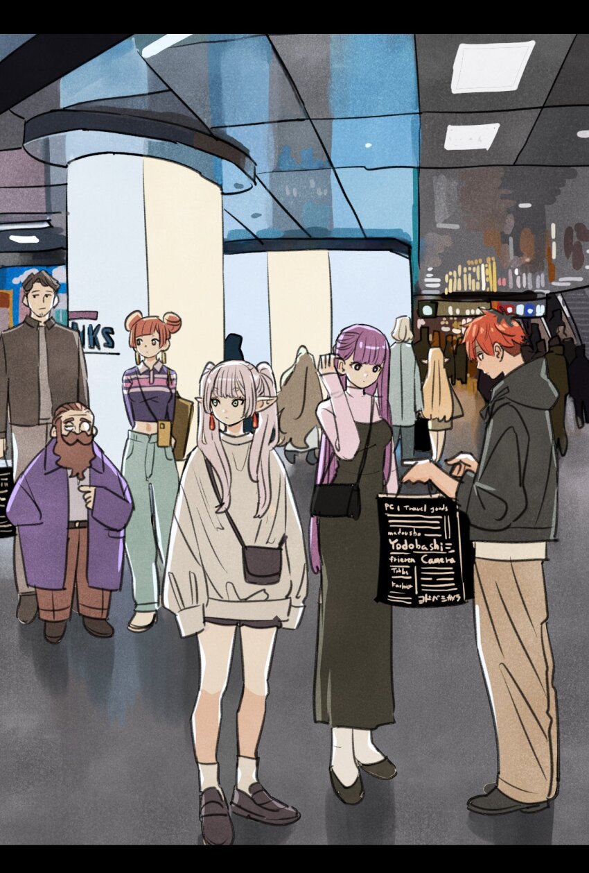 3boys 4girls :o adjusting_hair alternate_costume alternate_universe aqua_pants arms_behind_back bag bare_legs beard beard_stubble belt belt_buckle black_bag black_belt black_coat black_dress black_footwear black_hair black_hoodie black_shirt black_shorts blonde_hair blunt_bangs bright_pupils brown_eyes brown_footwear brown_hair brown_pants buckle character_request closed_mouth coat collared_coat contemporary denim dot_nose double_bun dress dress_pants earrings elf expressionless eyelashes facial_hair fern_(sousou_no_frieren) forehead frieren from_behind from_side gradient_hair green_eyes grey_hair grey_necktie grey_pants grey_shirt grey_skirt hair_bun hair_over_shoulder height_difference highres holding holding_bag hood hood_down hoodie indoors jeans jewelry knees letterboxed light_frown loafers long_dress long_hair long_sleeves looking_at_object looking_to_the_side mall midriff miniskirt monocle multicolored_hair multiple_boys multiple_girls mustache navel necktie opaque_monocle open_clothes open_coat orange_hair pants parted_lips pointy_ears purple_coat purple_hair purple_shirt red_hair round_eyewear sein_(sousou_no_frieren) shadow shirt shirt_under_dress shoes shopping_bag short_hair short_shorts shorts shoulder_bag single_sidelock skirt sleeves_past_fingers sleeves_past_wrists socks sousou_no_frieren standing stark_(sousou_no_frieren) straight_hair strapless strapless_dress striped_clothes striped_shirt stubble sweater sweatpants takeuchi_ryousuke tassel tassel_earrings thick_eyebrows turtleneck turtleneck_shirt twintails very_long_hair white_footwear white_hair white_pupils white_socks white_sweater wrinkled_skin