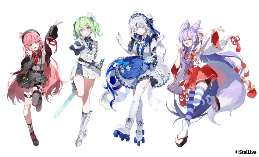 4girls absurdres ahoge animal_ears aokumo_rin apron arm_up armored_boots asymmetrical_legwear beret black_hat black_shoes blue_hair boots closed_mouth cloud_hair_ornament cone_hair_bun fox_ears fox_tail full_body garter_straps gauntlets gloves green_hair grey_hair grey_socks grey_thighhighs hair_bun hanako_nana hat heart heart_o-ring heterochromia highres holding holding_sword holding_weapon iop5509 jacket japanese_clothes knee_strap long_hair long_sleeves looking_at_viewer maid maid_apron medium_hair miko multicolored_hair multiple_girls o-ring o-ring_thigh_strap official_art open_clothes open_jacket open_mouth pink_hair shirt shoes simple_background single_gauntlet skirt smile socks socks_over_thighhighs standing standing_on_one_leg stellive streaked_hair striped_clothes striped_thighhighs sword tabi tail tenko_shibuki thigh_strap thighhighs uneven_legwear virtual_youtuber weapon white_background white_gloves white_skirt white_thighhighs wide_sleeves yuzuha_riko