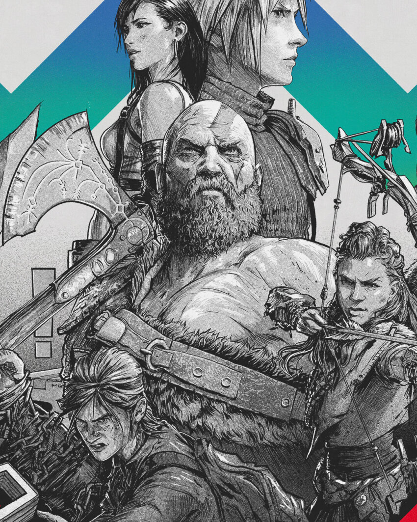 ! 2girls 3boys aloy_(horizon) axe backpack bag bald beard bow_(weapon) box cardboard_box cloud_strife company_connection cropped drawing_bow ellie ellie_(the_last_of_us) facial_hair final_fantasy final_fantasy_vii final_fantasy_vii_remake full_beard game_informer god_of_war greyscale_with_colored_background highres holding holding_axe holding_bow_(weapon) holding_weapon horizon_(video_game) kratos_(god_of_war) long_hair metal_gear_(series) multiple_boys multiple_girls mustache parted_lips realistic sam_spratt single_bare_shoulder sony the_last_of_us the_last_of_us_(series) tifa_lockhart weapon