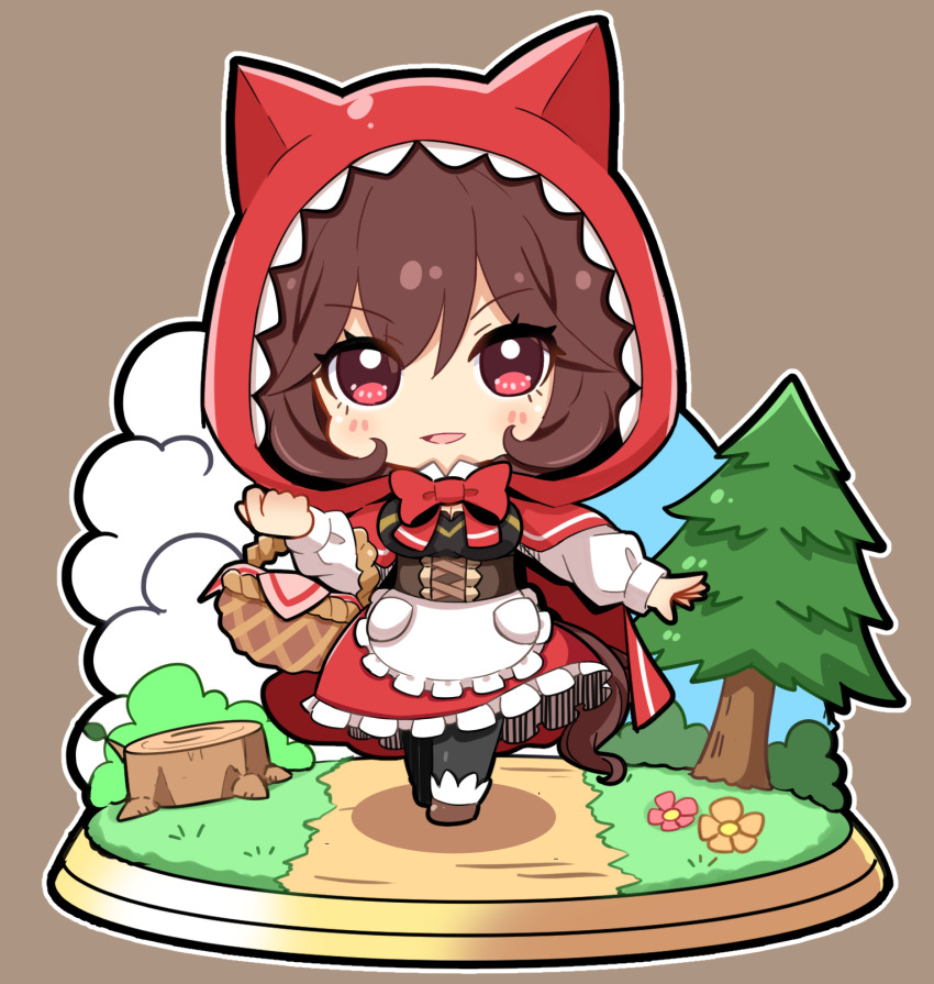 1girl animal_ear_hood animal_ears apron basket bow bowtie brown_background brown_hair chibi cloak cloud commentary_request corset cosplay diorama elbow_carry fake_animal_ears faux_figurine fir_tree flower gentildonna_(umamusume) hair_between_eyes highres holding holding_basket hood hooded_cloak horse_tail kyou_(fr39) little_red_riding_hood_(fairy_tale) little_red_riding_hood_(fairy_tale_character)_(cosplay) little_red_riding_hood_(fairy_tale_character) long_sleeves looking_at_viewer outline path red_bow red_bowtie red_cloak red_eyes red_hood red_skirt road shadow skirt solo standing tail tree tree_stump umamusume waist_apron white_apron