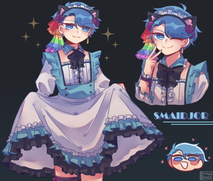 1boy :3 alternate_costume animal_ears aqua_background ascot black_ascot blue_dress blue_eyes blue_hair bright_pupils cat_ears character_name chibi chibi_inset clothes_lift commentary cowboy_shot crossdressing detached_collar dress dress_lift english_commentary english_text enmaided fake_animal_ears flower frilled_dress frills hair_ribbon looking_at_viewer maid maid_headdress male_focus male_maid minecraft_youtube multiple_views nameplay pun purple_flower purple_rose rainbow_flag rainbow_ribbon ribbon rose short_hair smajor1995 smile standing trap white_pupils yuu_(yyuuraii)