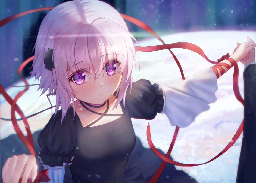 1boy 1girl ahoge arm_ribbon aurora black_choker black_dress blush bow breasts choker closed_mouth commentary criss-cross_halter cross_hair_ornament dancing dress english_commentary expressionless eyelashes eyes_visible_through_hair flowingcrescent frilled_dress frills grey_hair hair_between_eyes hair_ornament halterneck highres kagari_(rewrite) light_particles long_dress long_ribbon long_sleeves looking_at_viewer pov pov_hands purple_eyes red_bow red_ribbon rewrite ribbon short_hair sidelighting small_breasts tennouji_kotarou upper_body wide_sleeves wrist_bow