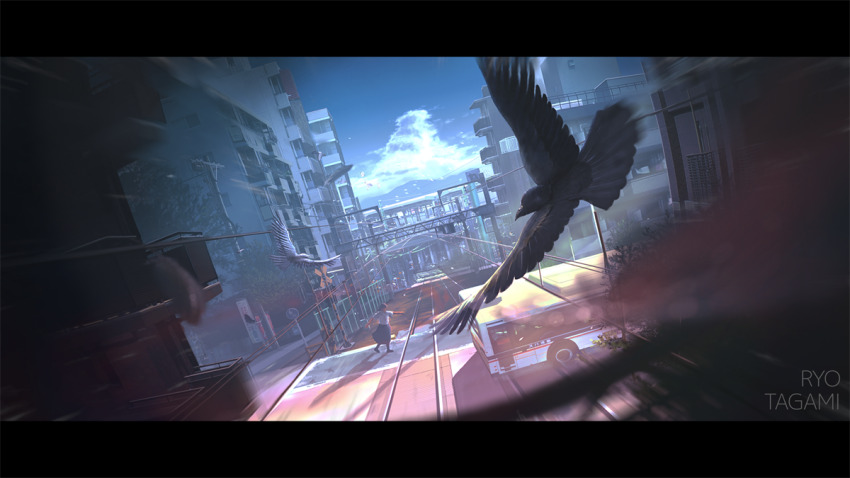 1girl artist_name bird blue_skirt blurry building bus city cityscape cloud commentary_request cumulonimbus_cloud depth_of_field falling_feathers feathers letterboxed motor_vehicle original outdoors overhead_line power_lines railroad_crossing railroad_tracks road running scenery shirt short_sleeves skirt tanaka_ryosuke tree utility_pole white_shirt