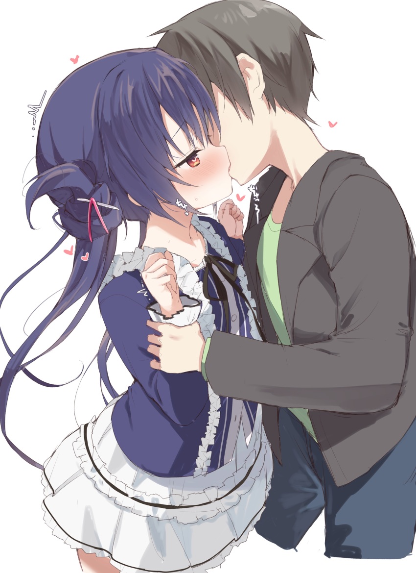 1boy 1girl absurdres blue_hair blush clover_days faceless faceless_male hair_ornament heart heart-shaped_pupils highres kiss long_sleeves longhaniwa red_eyes simple_background sound_effects surprise_kiss surprised sweat symbol-shaped_pupils takakura_anri takepoison white_background