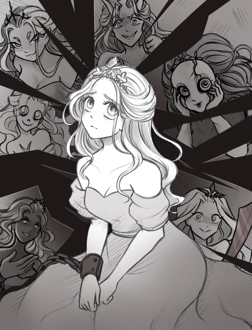 :3 bare_shoulders breasts broken_glass broken_mirror chain chain_around_arm chained chanpotei cleavage closed_mouth commentary crazy_eyes crown dress english_commentary ghost ghost_girl glass greyscale grin hands_on_own_cheeks hands_on_own_face highres long_hair looking_at_viewer medium_breasts mirror monochrome multiple_girls multiple_persona off-shoulder_dress off_shoulder princess princess_(slay_the_princess) reflection sharp_teeth slay_the_princess smile teeth the_adversary_(slay_the_princess) the_nightmare_(slay_the_princess) the_razor_(slay_the_princess) the_spectre_(slay_the_princess) the_tower_(slay_the_princess) the_witch_(slay_the_princess) tiara upper_body