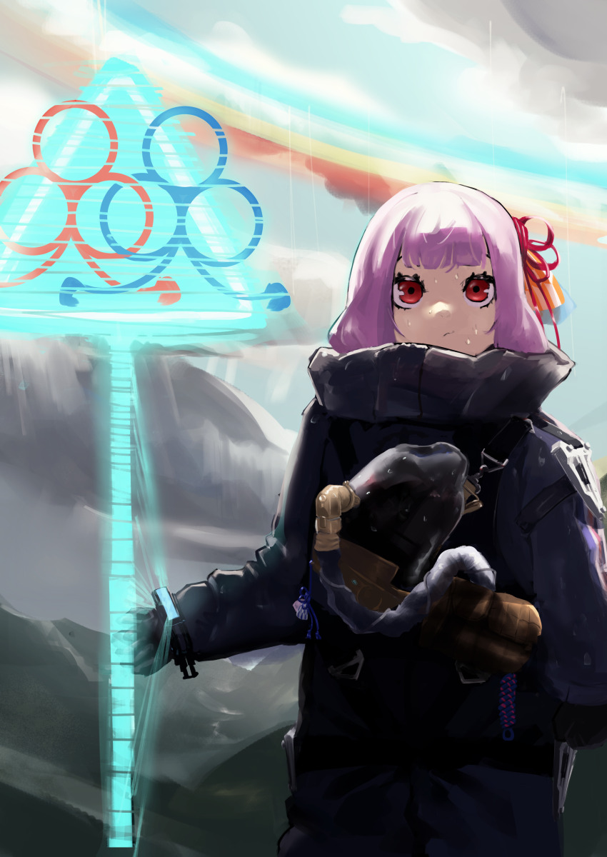 1girl :/ absurdres babywearing black_jumpsuit blue_ribbon blue_sky blunt_bangs closed_mouth cloud cloudy_sky commentary_request cosplay cowboy_shot day death_stranding enpera hair_ribbon highres hologram jumpsuit kotonoha_akane looking_up outdoors pink_hair rain rainbow red_eyes red_ribbon ribbon road_sign sam_porter_bridges sam_porter_bridges_(cosplay) scarf shoulder_strap sign sky solo straight-on torikuzu upside-down_rainbow voiceroid