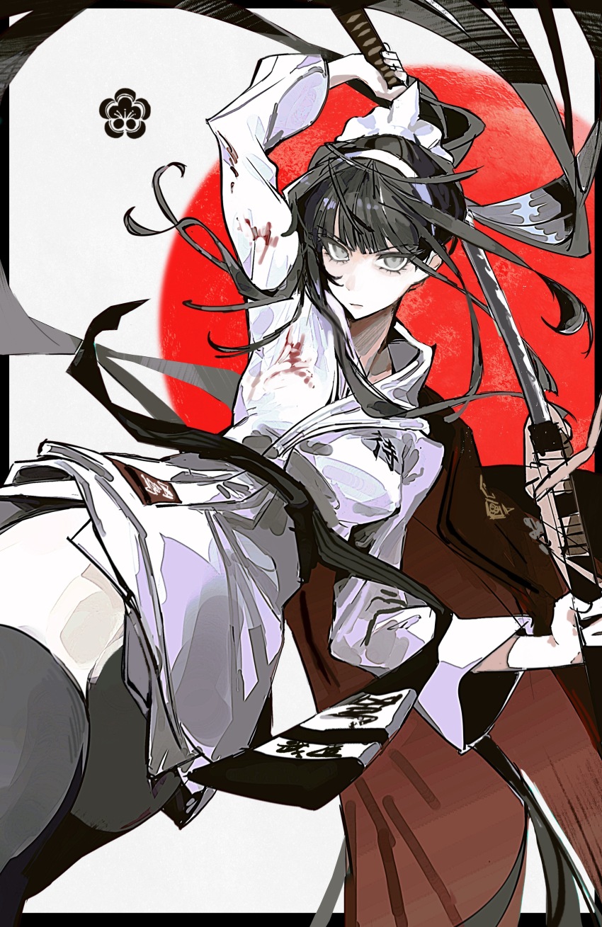 1girl absurdres arm_up black_border black_hair blood blood_on_clothes border cape commentary dougi flag_background floating_hair grey_eyes hairband hand_up highres holding holding_sword holding_weapon long_hair looking_at_viewer magadori_kyoshika martial_arts_belt outside_border ponytail red_background red_cape sheath solo sword symbol-only_commentary the_hundred_line_-last_defense_academy- two-tone_background unsheathing voltmeter_f weapon white_background white_dougi