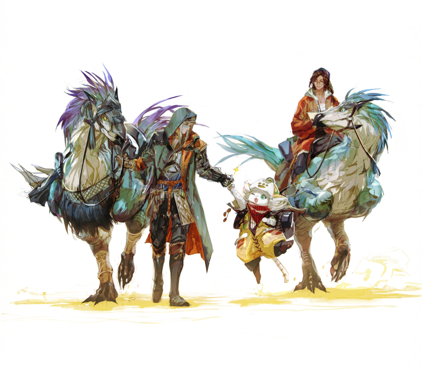 1boy 1girl alma_(monster_hunter_wilds) armor bandana bird black-framed_eyewear brown_hair cat clenched_hand closed_eyes coat feathers felyne fist_bump glasses gloves green_bandana green_feathers haban_(haban35) highres holding hood horns jewelry long_hair long_sleeves monster monster_hunter_(character) monster_hunter_(series) monster_hunter_wilds necklace one_eye_closed open_mouth seikret_(monster_hunter) smile tail wings