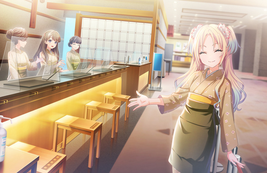 4girls :d ^_^ apron black_apron blonde_hair blue_hair blurry blurry_background brown_hair brown_kimono chair closed_eyes closed_mouth desk dutch_angle facing_viewer floral_print floral_print_kimono flower fujishima_megumi game_cg gradient_hair hair_flower hair_ornament hand_sanitizer highres japanese_clothes kimono light_blue_hair link!_like!_love_live! long_hair long_sleeves love_live! multicolored_hair multiple_girls official_art open_mouth osawa_rurino parted_bangs pink_flower print_kimono purple_eyes real_world_location ryokan smile soap_dispenser solo_focus split_mouth standing third-party_source twintails two_side_up virtual_youtuber waist_apron white_flower wooden_chair