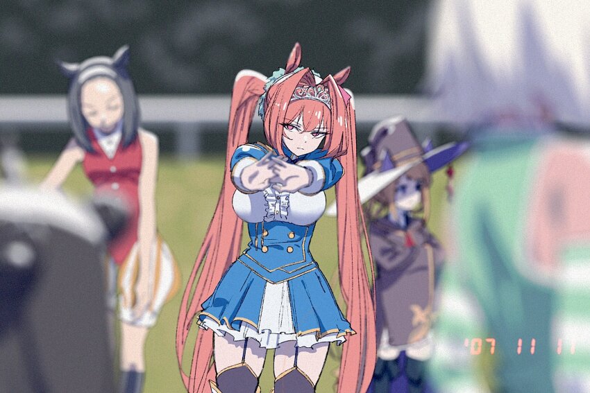 2007 4girls animal_ears baggy_pants blue_skirt blurry breasts brown_hair buttons center_frills commentary cowboy_shot daiwa_scarlet_(umamusume) depth_of_field detached_sleeves double-breasted epaulettes forehead framed_breasts frilled_shirt frills grey_hair hair_between_eyes hair_intakes hairband hat highres horse_ears horse_girl large_breasts layered_skirt long_hair looking_at_viewer medium_hair multiple_girls pants red_eyes saitama_(antitankromeo) shirt skirt sleeveless sleeveless_shirt solo_focus stretching sweep_tosho_(umamusume) tiara twintails umamusume underbust very_long_hair white_hairband white_shirt white_skirt witch_hat