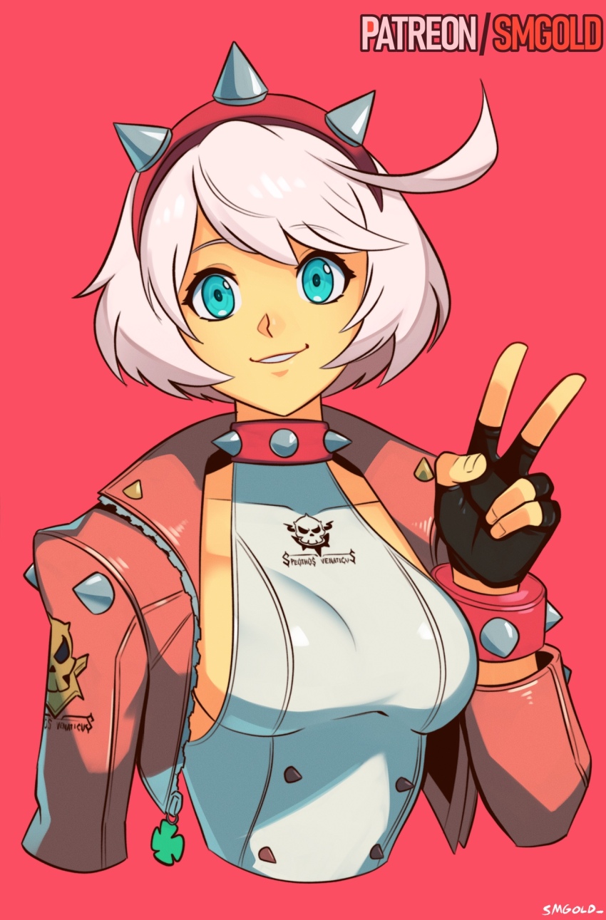 1girl ahoge artist_name black_gloves blue_eyes bob_cut bracelet breasts collar collarbone elphelt_valentine fingerless_gloves gloves grey_hair guilty_gear guilty_gear_strive hairband highres jacket jewelry looking_at_viewer medium_breasts open_clothes open_jacket patreon_username red_background short_hair simple_background smgold smile solo spiked_bracelet spiked_collar spiked_hairband spiked_jacket spikes upper_body v
