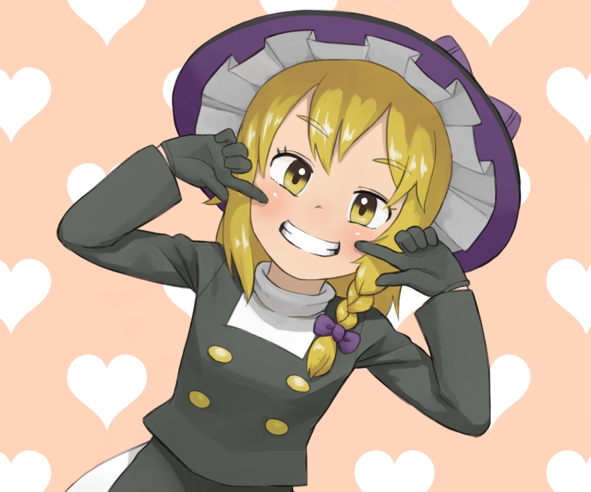 1boy black_coat black_gloves black_hat blonde_hair blush bow braid buttons coat commentary cookie_(touhou) crossdressing frilled_hat frills genderswap genderswap_(ftm) gloves grin hair_bow hat heart heart_background highres kirisame_marisa long_hair looking_at_viewer male_focus pink_background pointing pointing_at_self purple_bow rei_(cookie) shirt side_braid single_braid smile solo touhou trap upper_body white_shirt witch_hat yellow_eyes ym_(nicoseiga18386039)