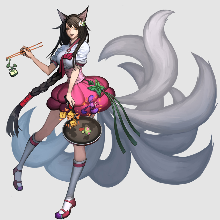 1girl ahri_(league_of_legends) alternate_costume amumu animal_ears bad_id bad_pixiv_id black_hair blitzcrank braid bug butterfly chibi chopsticks elice elune_(artist) female_focus flower fox_ears fox_tail frying_pan hair_flower hair_ornament highres holding_chopsticks holding_with_chopsticks insect kneehighs korean_clothes league_of_legends long_hair looking_at_viewer multiple_tails mummy mushroom pigeon-toed robot scorpion simple_background single_braid skarner smile socks solo tail very_long_hair