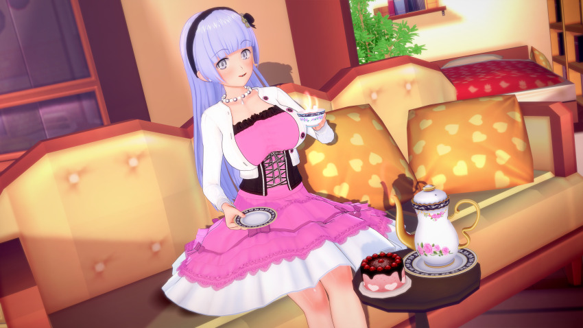 1girl absurdres breasts cake cake_slice couch date_a_live dr.xidan17 dress food grey_eyes grey_hair highres izayoi_miku living_room long_hair sitting solo