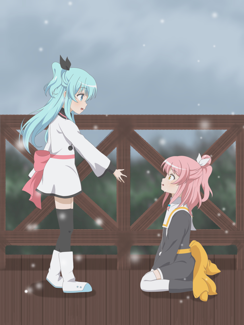 2girls absurdres blue_eyes blue_hair blurry blurry_background blush boots bow carol_(sora_no_method) dress full_body green_eyes hair_bow hair_bun hair_ornament highres jacket kneeling long_hair long_sleeves looking_at_another medium_hair multiple_girls noel_(sora_no_method) obi open_mouth pink_hair ponytail railing reaching reaching_towards_another ribbon sailor_collar sash school_uniform serafuku sidelocks single_hair_bun sitting smile snow snowing sora_no_method standing thighhighs tree two_side_up user_ekwp8358 wariza wide_sleeves yellow_eyes zettai_ryouiki
