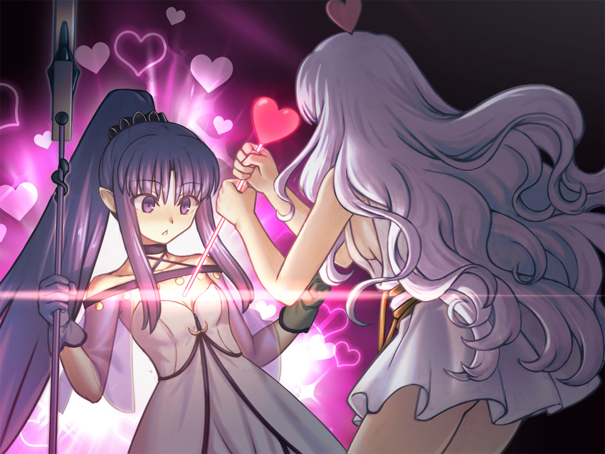 arrow_(projectile) bare_shoulders blush breasts caren_hortensia caren_hortensia_(amor_caren) caren_hortensia_(amor_caren)_(first_ascension) dress fate/grand_order fate_(series) gloves hair_ornament heart hecate&#039;s_staff_(fate) holding holding_arrow holding_staff jewelry long_hair medea_(fate) medea_(lily)_(fate) medium_breasts multiple_girls open_mouth pointy_ears ponytail purple_dress purple_eyes purple_gloves purple_hair see-through_clothes shoori_(migiha) short_dress sideboob small_breasts stab staff thighs very_long_hair wavy_hair white_dress white_hair