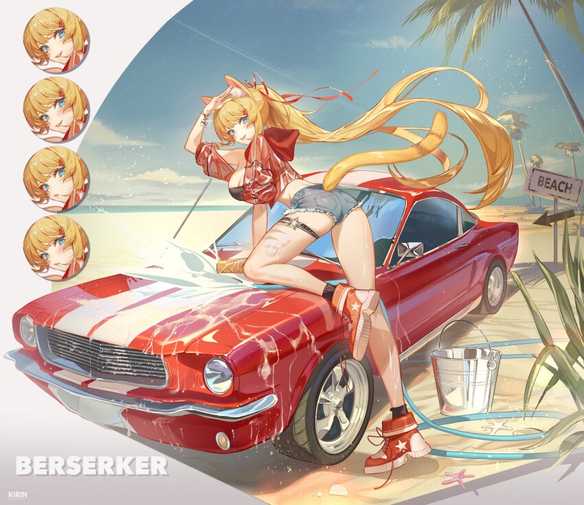 1girl absurdres animal_ear_fluff animal_ears arrow_(symbol) artist_name beach bikini black_socks blonde_hair blue_eyes blue_shorts breasts bucket car cat_ears cat_girl cat_tail cleavage cloud commission cropped_jacket facial_mark highres holding holding_sponge hose jacket kirin55641 lips long_hair motor_vehicle multiple_expressions o-ring o-ring_thigh_strap original palm_tree plant pocket ponytail red_jacket see-through_clothes see-through_jacket shell shoes short_shorts shorts skeb_commission sky socks sponge star_o-ring starfish strapless strapless_bikini swimsuit tail thigh_strap tree whisker_markings