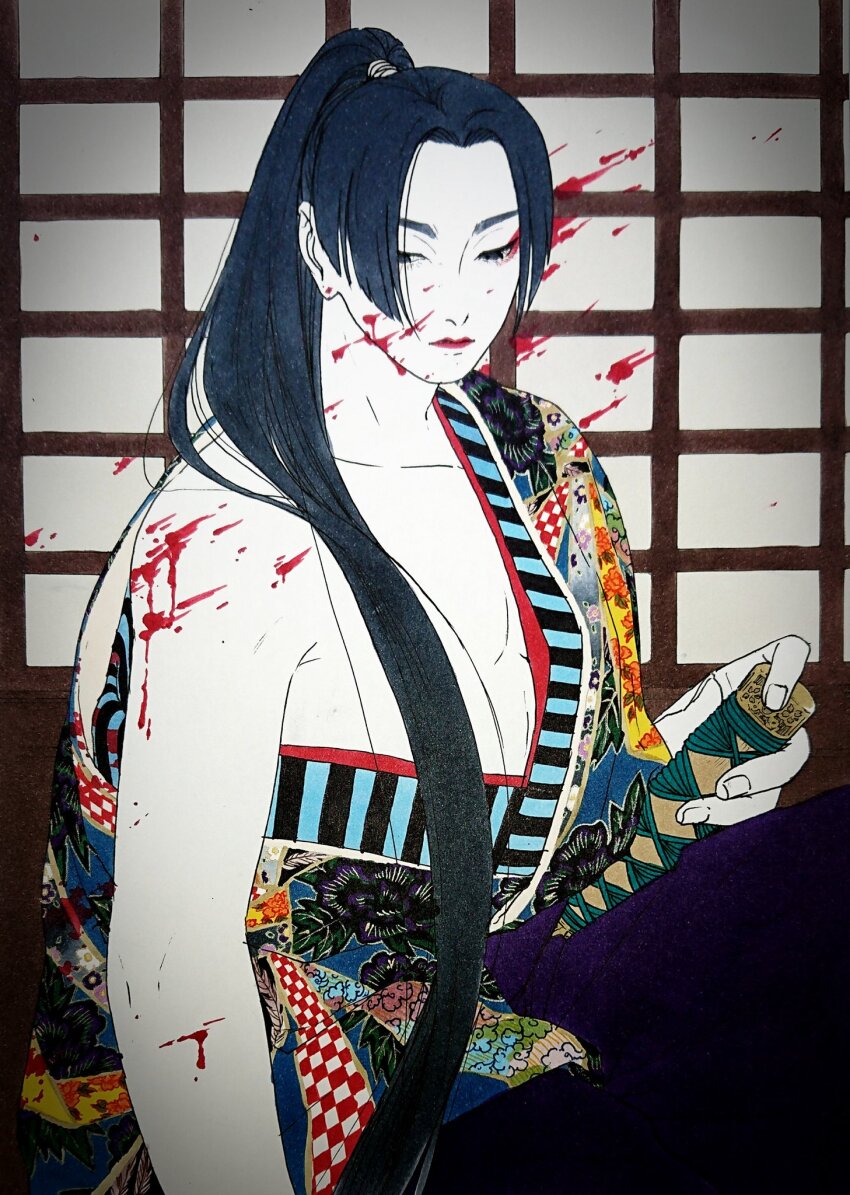 1boy 59awakadoy arm_out_of_sleeve black_hair blood blood_on_arm blood_on_face blood_on_wall blood_splatter colored_skin commentary_request curtained_hair grey_eyes hakama hakama_skirt highres holding holding_sheath indoors japanese_clothes kimono long_hair male_focus multicolored_kimono original parted_bangs ponytail purple_hakama red_lips sheath shouji sitting skirt sliding_doors traditional_media very_long_hair white_skin