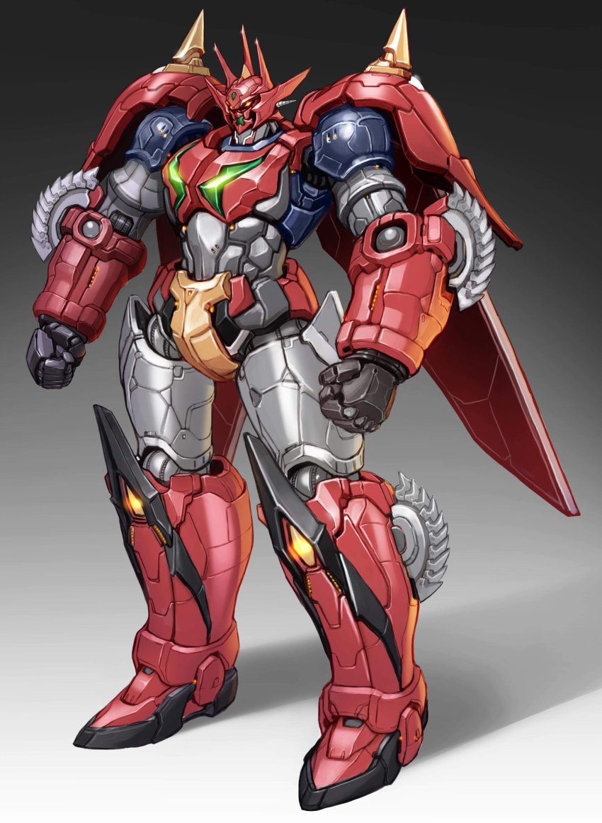 clenched_hands getter_dragon getter_robo getter_robo_g gradient_background grey_background highres maeda_hiroyuki mecha mecha_focus orange_eyes robot science_fiction shadow solo standing super_robot