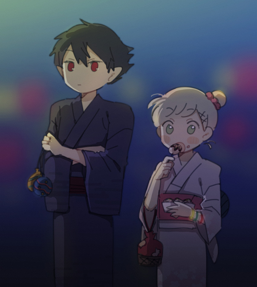 1boy 1girl alternate_costume arne_neuntote arne_no_jikenbo bag black_hair black_kimono black_sash blonde_hair blurry blurry_background blush_stickers closed_mouth commentary commentary_request cowboy_shot crossed_arms crumbs depth_of_field eating english_commentary expressionless food green_eyes hair_ornament hair_scrunchie hairclip highres holding holding_bag holding_food japanese_clothes kimono long_sleeves looking_ahead lynn_reinweiss mixed-language_commentary night obi outdoors pale_skin pointy_ears purple_kimono red_eyes red_sash red_scrunchie sash scrunchie short_hair shuntaro_(tya_nya0000) single_sode spiked_hair takoyaki tareme updo wagashi wide_sleeves x_hair_ornament yukata