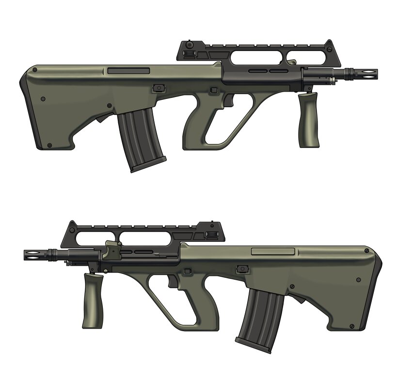 absurdres assault_rifle bullpup from_side gun highres magazine_(weapon) multiple_views no_humans original rifle simple_background spartan56_(116_spartan56) steyr_aug vertical_foregrip weapon weapon_focus white_background