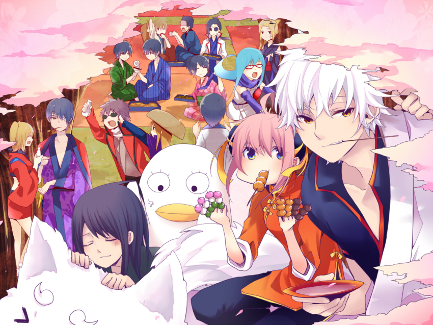6+boys 6+girls bad_id bad_pixiv_id black_hair blonde_hair blue_eyes blue_hair character_request closed_eyes cup dango eating elizabeth_(gintama) eyepatch food gintama glasses grin hijikata_toushirou kagura_(gintama) katsura_kotarou kijima_matako kondou_isao koyomino long_hair mouth_hold multiple_boys multiple_girls mutsu_(gintama) okita_sougo pink_hair red-framed_eyewear sadaharu sakamoto_tatsuma sakata_gintoki sakazuki sanshoku_dango sarutobi_ayame shimura_shinpachi shimura_tae short_hair skewer smile takasugi_shinsuke tsukuyo_(gintama) wagashi white_hair yagyuu_kyuubei yamazaki_sagaru