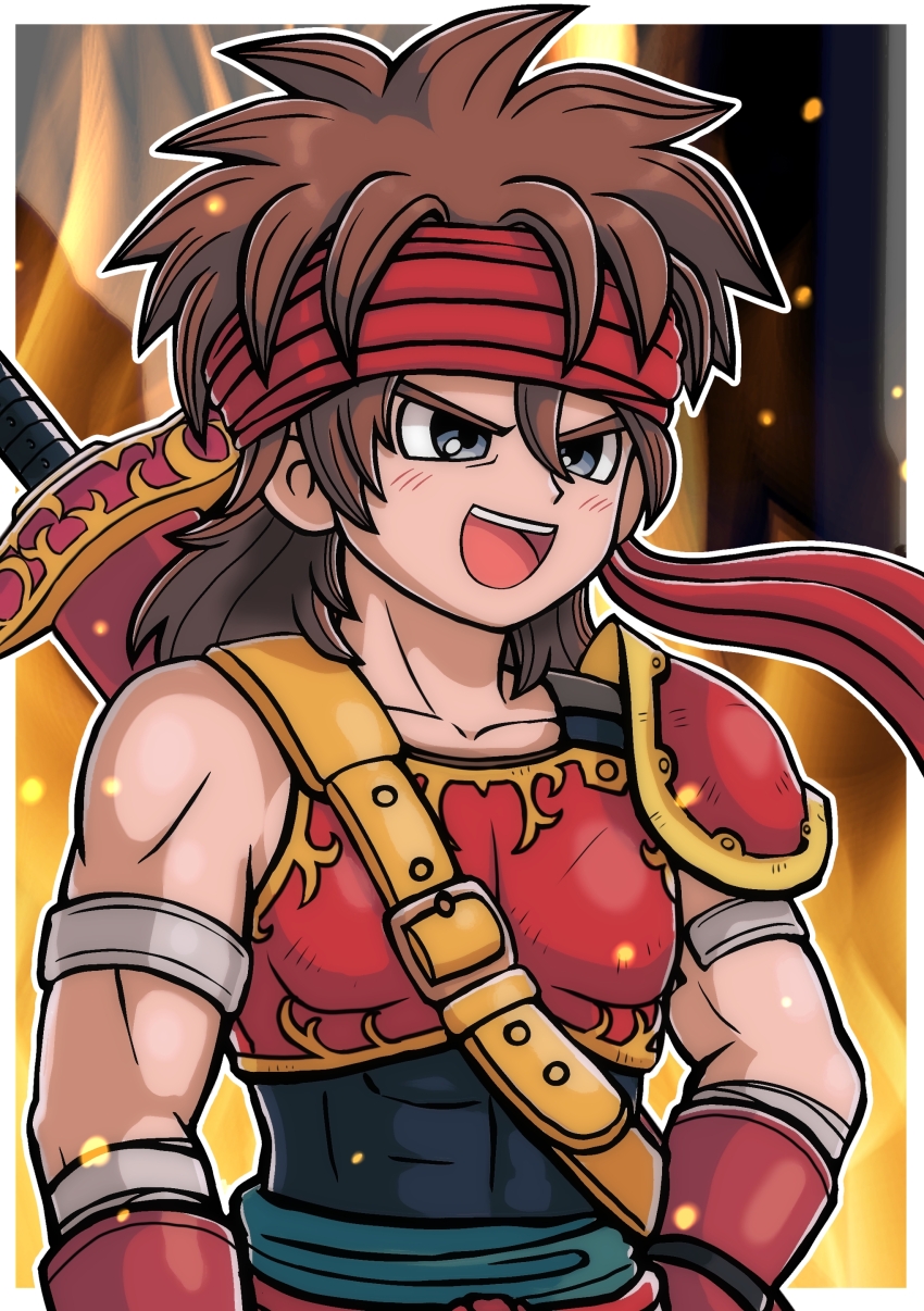 1boy absurdres aqua_sash armlet armor black_eyes border breastplate brown_hair commentary_request covered_abs dragon_quest dragon_quest_x embers floating_clothes gloves hand_on_own_hip headband highres jewelry looking_ahead male_focus medium_hair moyapippi muscular muscular_male open_mouth pauldrons red_armor red_gloves red_headband shoulder_armor silver_armlet single_pauldron solo spiked_hair sword sword_on_back teeth upper_body upper_teeth_only v-shaped_eyebrows weapon weapon_on_back white_border zankurone