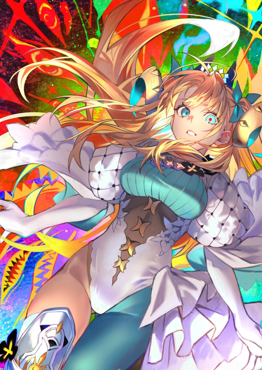 1girl absurdres aqua_boots aqua_pantyhose asymmetrical_footwear blonde_hair blue_eyes blue_pantyhose boots breasts clerical_collar cone_horns curled_horns curtained_hair ereshkigal_(fate) fate/grand_order fate_(series) frills gloves green_pantyhose grey_gloves hair_ribbon headpiece highres hiro_(hirohiro_gorira) horns leotard long_hair long_sleeves looking_at_viewer medium_breasts mismatched_footwear multicolored_horns pantyhose parted_bangs puff_and_slash_sleeves puffy_sleeves ribbon single_leg_pantyhose solo space_ereshkigal_(fate) space_ereshkigal_(third_ascension)_(fate) thighhighs two-tone_one-piece_swimsuit two_side_up white_gloves white_leotard