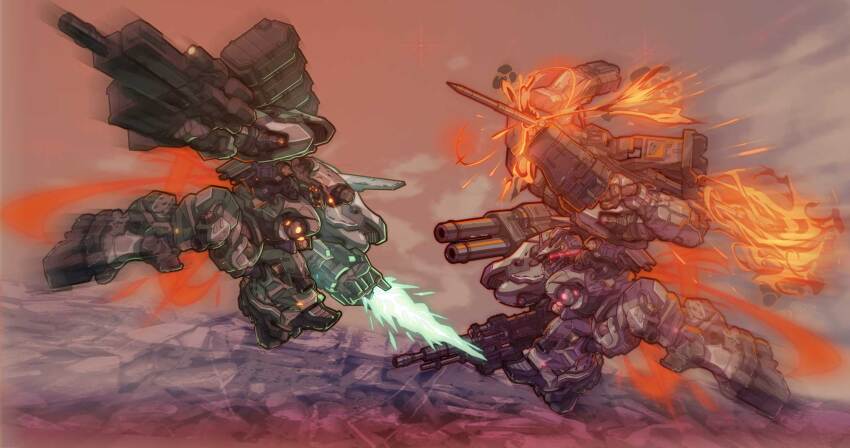621_(armored_core_vi) armored_core armored_core_vi:_fires_of_rubicon battle clenched_hands duel fighting fighting_stance glowing glowing_eye glowing_eyes gun highres holding holding_gun holding_weapon mecha nightfall_(armored_core_vi) no_humans pile_bunker robot uungunover weapon