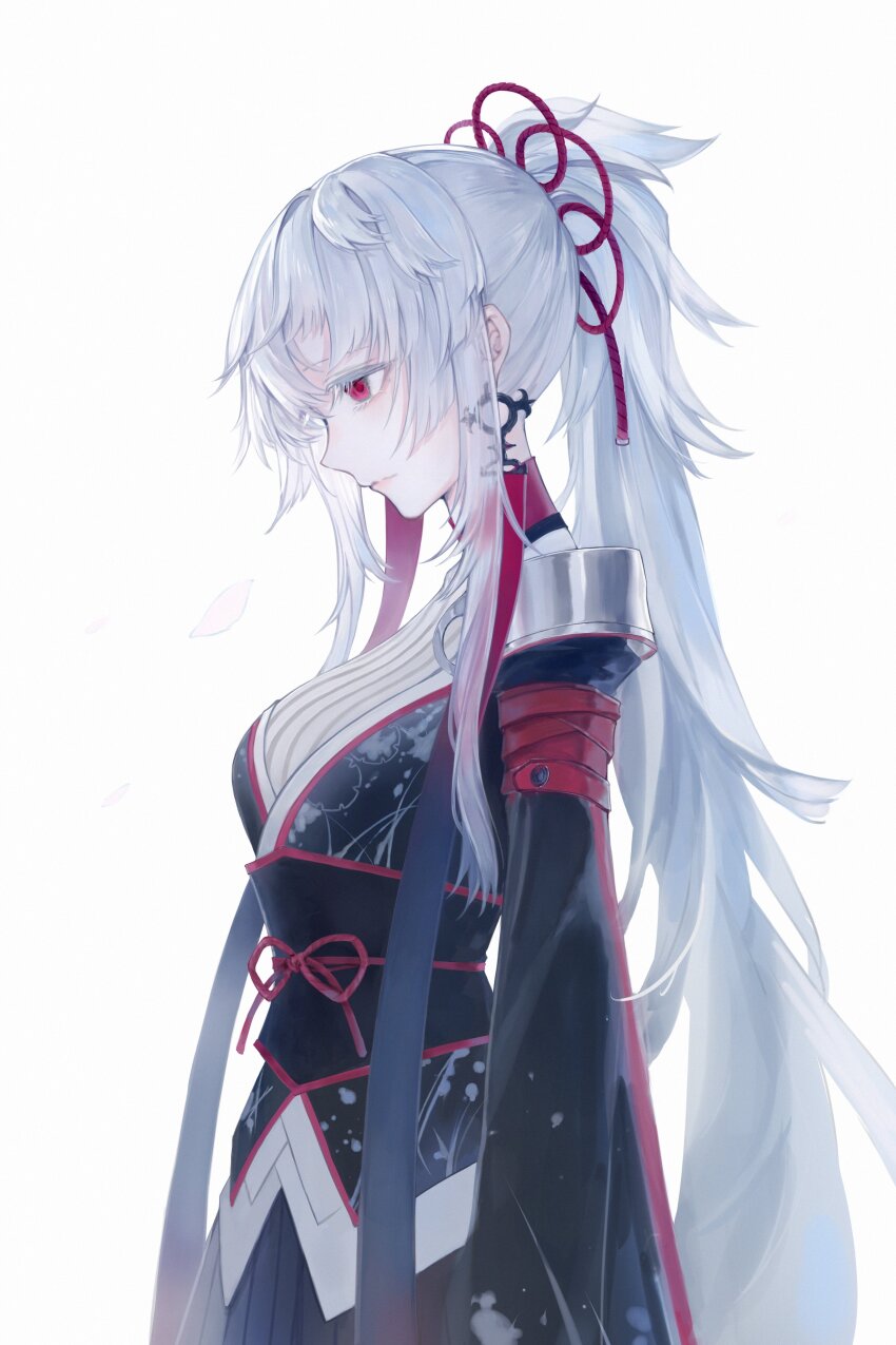 1girl absurdres earrings falling_petals fate/grand_order fate/samurai_remnant fate_(series) highres japanese_clothes jewelry kishimen_hair long_hair looking_to_the_side obi petals ponytail profile red_eyes ribbon sash sidelocks silverkey simple_background solo upper_body white_background white_hair yui_shousetsu_(third_ascension)_(fate)
