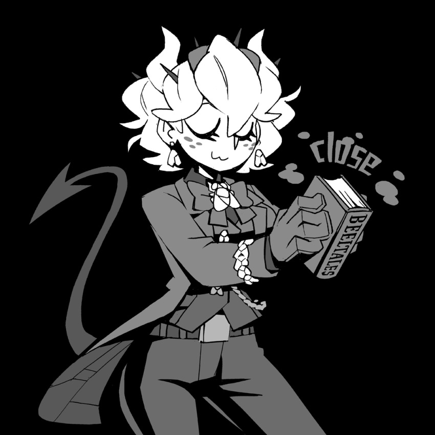 1girl :3 beelzebub_(helltaker) belt black_background book bow bowtie commentary cowboy_shot demon_girl demon_horns demon_tail earrings freckles gloves greyscale helltaker horns jacket jewelry long_sleeves monochrome pants shirt short_hair simple_background smile tail vanripper white_hair