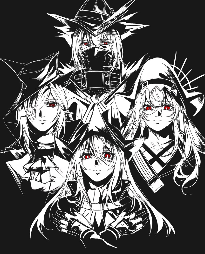 1boy 3girls album_cover_redraw arknights ascot bohemian_rhapsody closed_mouth derivative_work gladiia_(arknights) gloves hair_between_eyes hat highres long_hair looking_at_viewer mahimeko mask monochrome mouth_mask multiple_girls parody parted_lips pointy_ears queen_(band) red_eyes skadi_(arknights) smile specter_(arknights) specter_the_unchained_(arknights) spot_color ulpianus_(arknights) upper_body x_arms