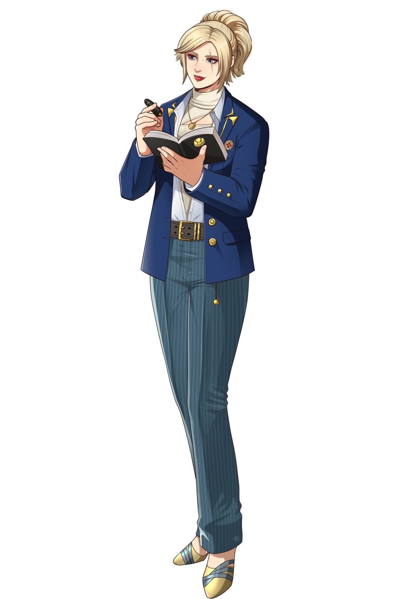 1girl autumn-sacura belt blonde_hair blue_eyes blue_jacket book brown_belt clothing_cutout high_heels highres holding holding_book holding_pen jacket jewelry lidia_sobieska necklace pants pen ponytail scar scar_across_eye scar_on_face shirt shoes simple_background solo striped_clothes striped_pants tekken tekken_8 white_background yellow_shoes
