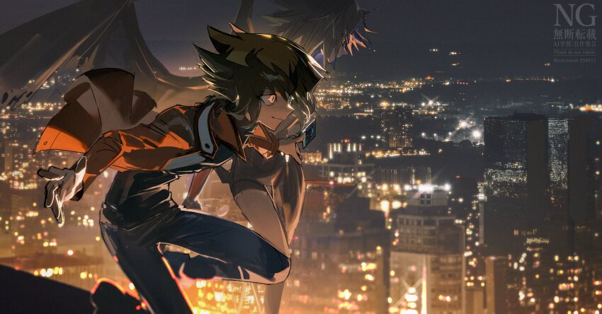 1boy 1other absurdres black_shirt blue_pants brown_hair card cityscape cocaduel demon_wings duel_academy_uniform_(yu-gi-oh!_gx) green_eyes heterochromia highres holding holding_card orange_eyes pants red_hair shirt trading_card wings yu-gi-oh! yu-gi-oh!_gx yubel yuki_judai
