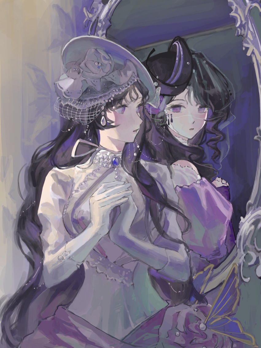 1girl absurdres black_hair black_hat different_reflection dress gloves hat highres isolde_(reverse:1999) juliet_sleeves long_hair long_sleeves looking_at_reflection mirror own_hands_together parted_lips profile puffy_sleeves purple_dress purple_eyes reflection reverse:1999 solo turning_head upper_body veil very_long_hair wavy_hair white_dress white_gloves white_hat white_veil wowowoo