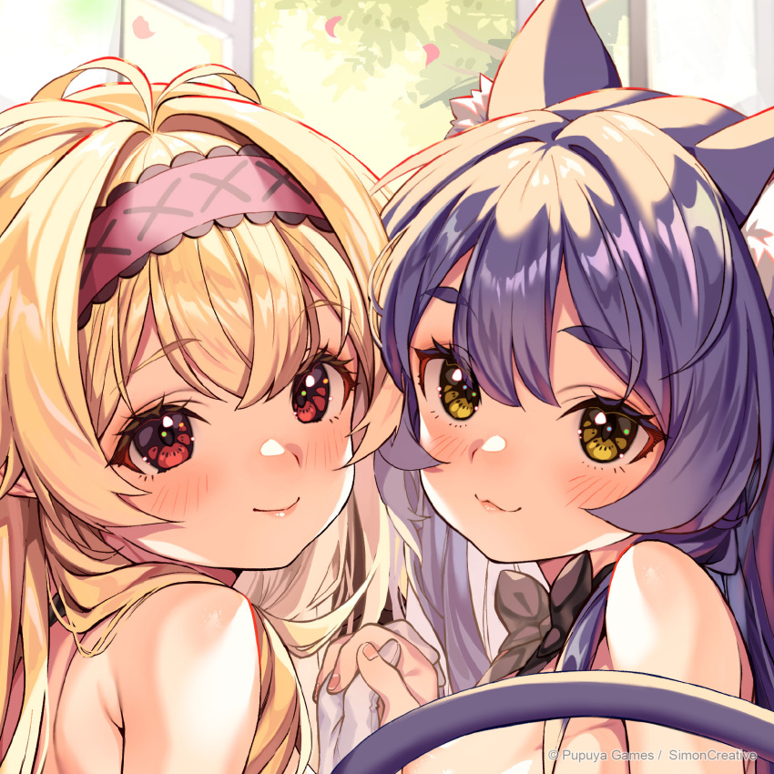 2girls ahoge animal_ear_fluff animal_ears black_hair blonde_hair blush breasts cat_ears cat_girl cat_tail face-to-face flower gloves hairband highres holding_hands indoors kink_(tortoiseshell) little_witch_nobeta long_hair looking_at_viewer looking_back messy_hair multiple_girls nobeta official_art phyllis_(little_witch_nobeta) red_eyes second-party_source small_breasts smile tail tail_censor topless_female upper_body white_gloves window yellow_eyes