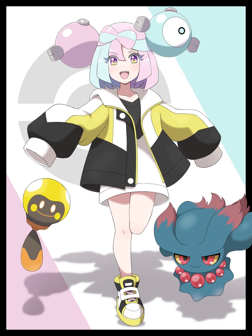 1girl absurdres aged_down blue_hair bow-shaped_hair character_hair_ornament gen_1_pokemon gen_2_pokemon hair_ornament highres iono_(pokemon) jacket long_hair long_sleeves looking_at_viewer magnemite misdreavus multicolored_hair nintendo open_mouth pink_hair pokemon pokemon_(creature) pokemon_sv shabana_may sharp_teeth shirt shoes short_hair sleeves_past_fingers sleeves_past_wrists smile tadbulb teeth two-tone_hair upper_teeth_only