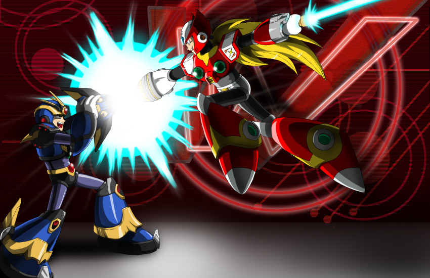 2boys android arm_cannon armor blonde_hair blue_armor blue_eyes blue_helmet chest_jewel circuit_board_print energy_blade energy_sword fighting forehead_jewel gloves glowing glowing_eyes green_eyes helmet highres holding holding_sword holding_weapon long_hair looking_at_another male_focus mega_man_(series) mega_man_x5 mega_man_x_(series) multiple_boys ponytail red_armor red_background red_eyes red_helmet robot screaming smile standing sword ultimate_armor_x_(mega_man) weapon x_(mega_man) z_saber zero_(mega_man)