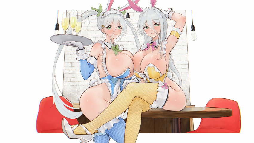 2girls absurdres alcohol animal_ear_hairband animal_ears arm_behind_head armband asymmetrical_docking blue_leotard blue_thighhighs blush bow bowtie breast_press breasts brick_wall center_frills chair champagne champagne_flute cleavage closed_mouth commission commissioner_upload covered_navel crossed_legs cup dan-98 detached_collar detached_sleeves drinking_glass fake_animal_ears fake_tail fishnet_thighhighs fishnets frilled_leotard frilled_sleeves frills frown gekkou_(senran_kagura) gloves green_bow green_bowtie green_eyes green_ribbon grey_hair hair_between_eyes hair_ribbon hairband high_heels highleg highleg_leotard highres holding holding_tray huge_breasts leotard light_bulb long_hair looking_at_viewer lounge_chair maid_headdress multiple_girls official_alternate_costume official_alternate_hairstyle pink_bow pink_bowtie pink_ribbon pixiv_commission playboy_bunny rabbit_ears rabbit_tail ribbon senkou_(senran_kagura) senran_kagura siblings sisters sitting sitting_on_table skindentation smile standing strapless strapless_leotard tail thighhighs tray twintails white_gloves white_wrist_cuffs wrist_cuffs yellow_armband yellow_leotard yellow_thighhighs