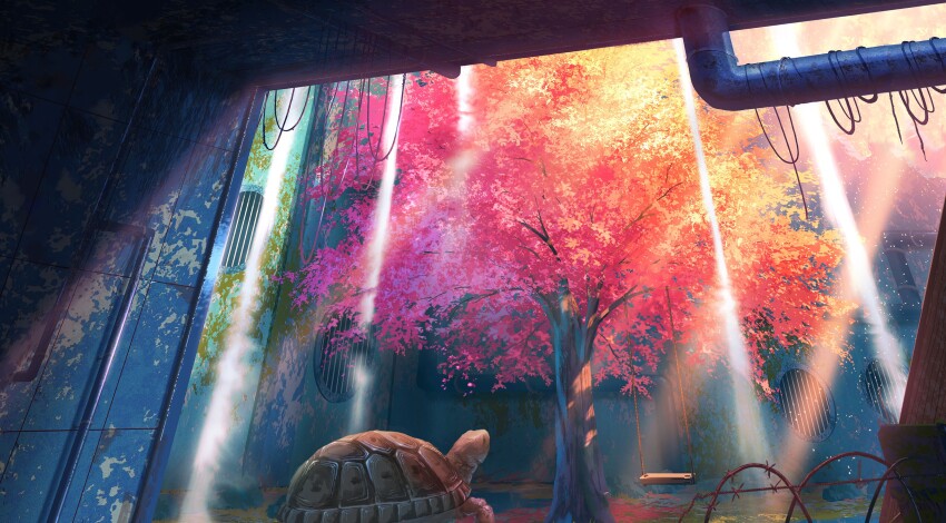 abandoned absurdres animal animal_focus cherry_blossoms damaged grass hanging highres industrial_pipe light_rays moss no_humans original outdoors petals rural rust scenery sumassha_t_t swing tortoise tree turtle