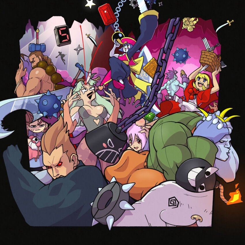 5boys 5girls @_@ animal_print anita_(darkstalkers) arthropod_girl b.b._hood basket bat_print bee_girl bishamon_(darkstalkers) blonde_hair blue_skin bolt_(hardware) bonk bracelet chinese_clothes cleavage_cutout clothing_cutout colored_skin darkstalkers demitri_maximoff demon_girl donovan_baine dress falling fang fish_boy fumphole head_wings highres hood hsien-ko huitzil_(darkstalkers) impaled insect_girl jewelry jiangshi leotard lilith_(darkstalkers) lord_raptor monster_boy morrigan_aensland multiple_boys multiple_girls pantyhose print_pantyhose q-bee red_dress sasquatch sasquatch_(darkstalkers) short_hair spiked_bracelet spikes sword teeth vampire victor_von_gerdenheim weapon wings zombie