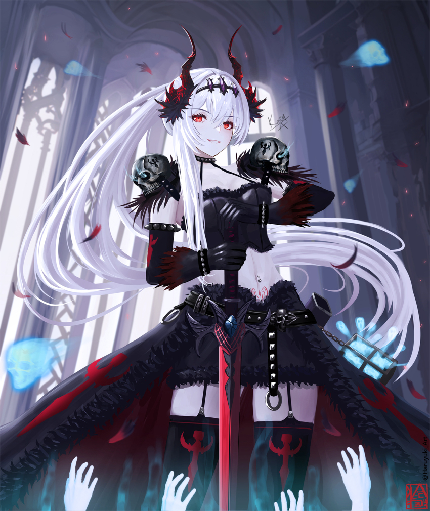 1girl armlet belt black_belt black_garter_straps black_gloves black_thighhighs bracelet breasts elbow_gloves fur-trimmed_skirt fur_trim garter_straps gloves hair_between_eyes haruyuki_(karem) highres holding holding_sword holding_weapon horns jewelry long_hair looking_at_viewer medium_breasts midriff navel navel_piercing original pale_skin piercing planted planted_sword planted_weapon ponytail red_eyes skirt skull solo_focus spiked_armlet spiked_bracelet spikes sword thighhighs weapon white_hair
