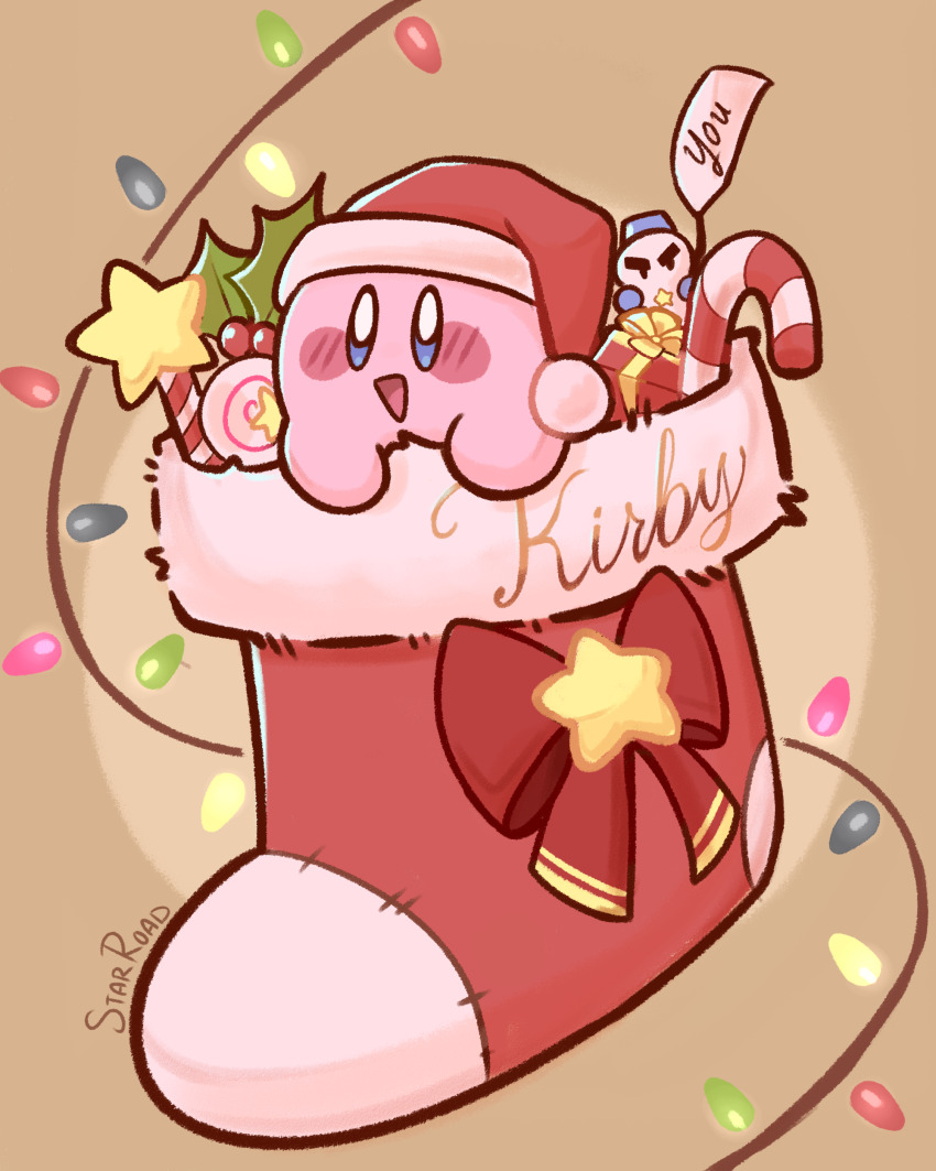 absurdres box candy candy_cane character_name chilly_(kirby) christmas christmas_lights christmas_stocking colored_skin food gift gift_box hat highres invincible_candy kirby kirby_(series) nintendo no_humans pink_skin santa_hat signature smile solid_oval_eyes star_(symbol) star_rod starroad