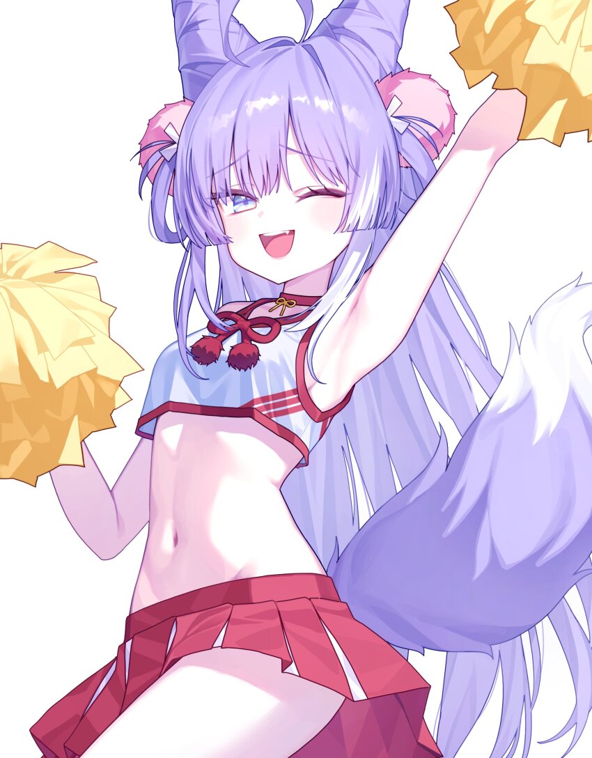1girl absurdres ahoge arm_up armpits bare_arms bare_shoulders blue_eyes cheerleader choker cone_hair_bun cowboy_shot crop_top crop_top_overhang fang fox_tail hair_bun hair_ornament hair_rings hand_up highres holding holding_pom_poms long_hair looking_at_viewer midriff miniskirt navel one_eye_closed open_mouth pleated_skirt pom_pom_(cheerleading) pom_pom_(clothes) pom_pom_hair_ornament pom_poms purple_hair red_choker red_skirt shirt simple_background skirt sleeveless sleeveless_shirt smile solo stellive stomach tail tenko_shibuki very_long_hair virtual_youtuber white_background white_shirt yioro