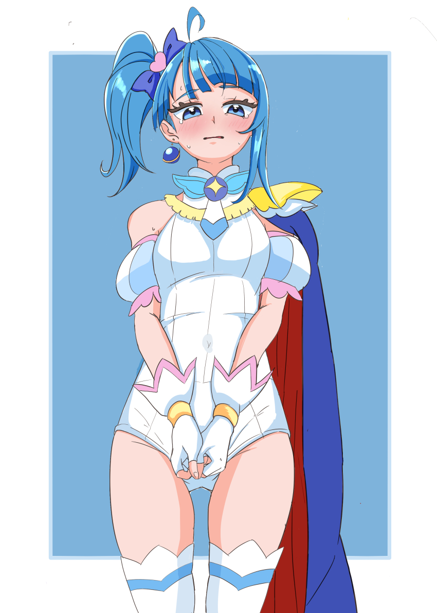1girl absurdres anago_001 blue_background blue_cape blue_eyes blue_hair brooch cape commentary commentary_request commission cosplay covered_navel cowboy_shot cure_sky cure_sky_(cosplay) cut_bangs detached_sleeves fingerless_gloves frown gloves half-closed_eyes highres hirogaru_sky!_precure jewelry leotard looking_at_viewer medium_hair nervous_sweating open_mouth partial_commentary precure puffy_detached_sleeves puffy_sleeves red_cape self_cosplay side_ponytail single_sidelock skeb_commission leotard solo sora_harewataru standing sweat tearing_up thighhighs two-sided_cape two-sided_fabric v_arms white_gloves white_leotard white_thighhighs wing_brooch