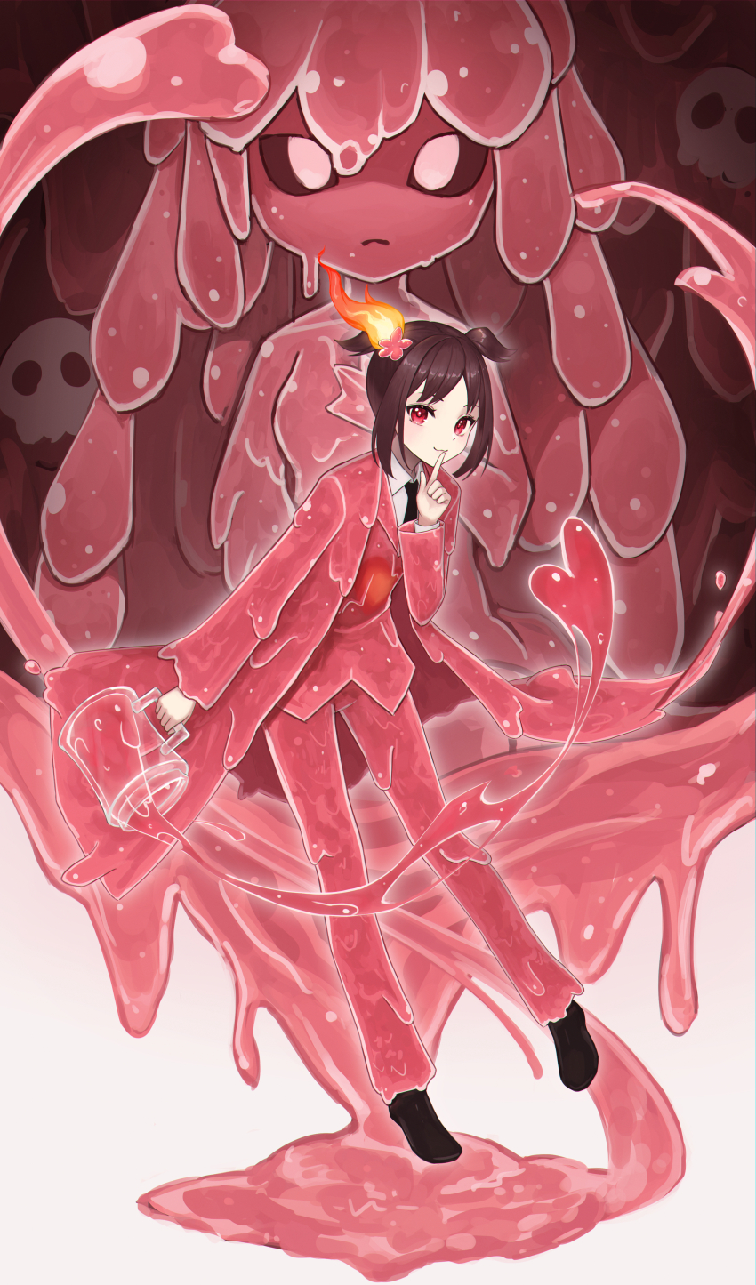 2girls absurdres adoration_(e.g.o) black_footwear bright_pupils brown_hair closed_mouth coat collared_shirt colored_sclera e.g.o_(project_moon) employee_(project_moon) employee_uniform finger_to_mouth flower hair_flower hair_ornament haro_(haro_339) highres holding_jug index_finger_raised jug_(bottle) lobotomy_corporation long_hair melting_love monster_girl multiple_girls nugget_(project_moon) pants pink_coat pink_flower pink_hair pink_pants pink_vest project_moon red_eyes red_sclera shirt shoes shushing sidelocks simple_background slime_girl two_side_up very_long_hair vest white_background white_pupils white_shirt