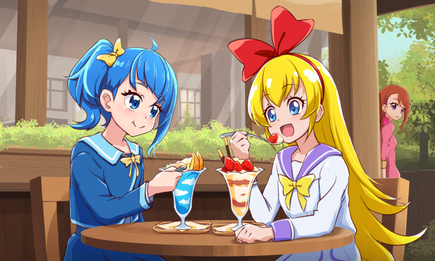 3girls :t around_corner blonde_hair blue_eyes blue_hair blue_shirt blue_skirt bow bowtie brown_hair chair closed_mouth commentary cut_bangs day dokidoki!_precure eating food glass hair_bow highres hijiri_ageha hirogaru_sky!_precure holding holding_spoon in-franchise_crossover jacket long_hair long_sleeves looking_at_another medium_hair multiple_girls on_chair oogai_daiichi_middle_school_uniform open_mouth outdoors parfait pink_jacket precure purple_eyes purple_sailor_collar red_bow regina_(dokidoki!_precure) rin_takanashi_glacies sailor_collar school_uniform serafuku shirt side_ponytail single_sidelock sitting skirt smile sora_harewataru sorashido_academy_school_uniform spoon standing table very_long_hair white_shirt white_skirt wooden_chair wooden_table yellow_bow yellow_bowtie