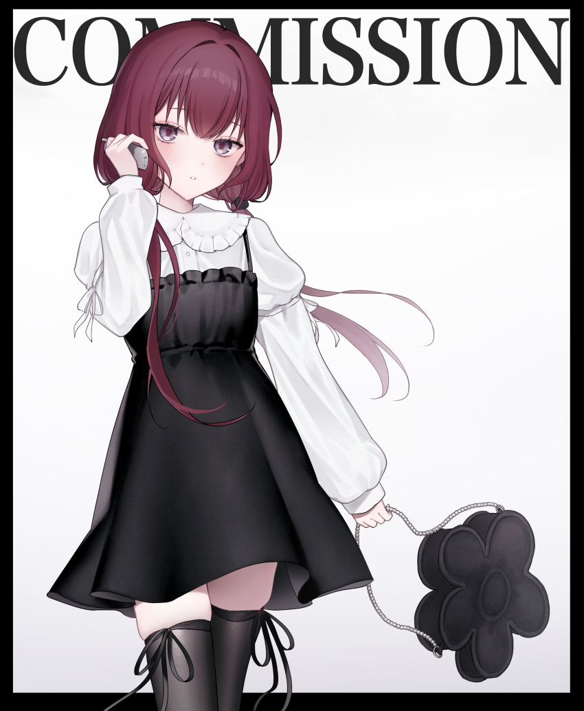 1girl absurdres arm_ribbon arm_up bag black_bag black_border black_dress black_ribbon black_thighhighs border commentary_request commission cowboy_shot dress grey_eyes hair_ornament handbag heart heart_hair_ornament highres holding holding_phone kumo_tabetai leg_ribbon light_blush long_hair long_sleeves looking_at_viewer low_twintails parted_lips phone red_hair ribbon shirt simple_background slit_pupils solo standing teeth thigh_ribbon thighhighs twintails white_background white_ribbon white_shirt zettai_ryouiki