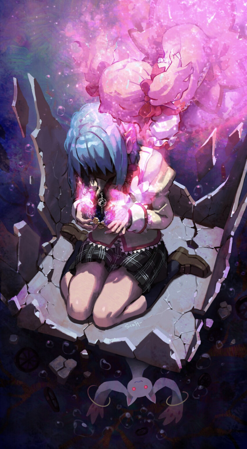 2girls abstract_background air_bubble aura backless_dress backless_outfit black_skirt black_socks blue_background blue_hair bow broken brown_shoes bubble bubble_skirt center_frills colorful_background commentary corruption crack cracked_floor cracked_wall creature cupping_hands dark_background debris destruction different_reflection dress english_commentary expressionless fingernails frilled_sleeves frills from_above from_behind full_body glowing glowing_eyes green_background grief_seed hair_over_eyes hair_ribbon hands_up head_down highres hug hug_from_behind juliet_sleeves kaname_madoka kaname_madoka_(magical_girl) kneehighs kyubey light_particles loafers long_sleeves mahou_shoujo_madoka_magica mahou_shoujo_madoka_magica_(anime) miki_sayaka mitakihara_school_uniform multiple_girls neck_ribbon outstretched_arms own_hands_together pink_bow pink_hair plaid_clothes plaid_skirt pleated_skirt psychedelic puffy_short_sleeves puffy_sleeves red_eyes red_ribbon reflection rescue ribbon school_uniform shaded_face shoes short_hair short_sleeves short_twintails sitting skirt sleeve_cuffs socks soul_gem starcat_bloom twintails wagon_wheel waist_bow wariza water wheel white_skirt white_sleeve_cuffs